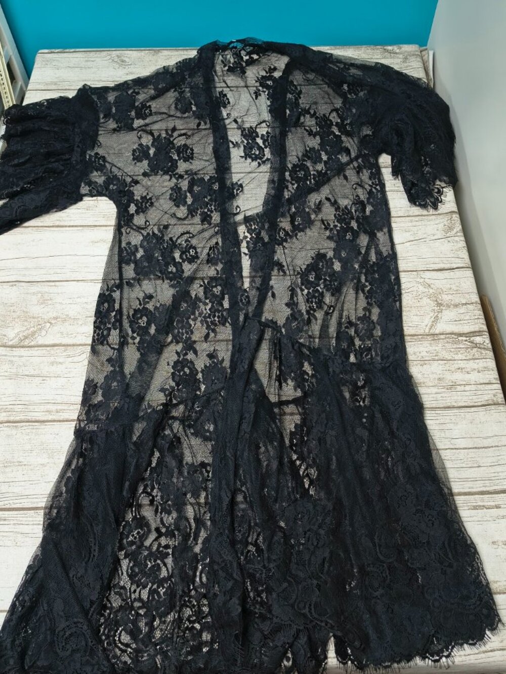 Black Floral Floral Sheer Lace Longline Kimono Duster Cardigan Cover-Up